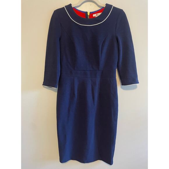 Boden Size US 6 / UK 10 Navy Blue Textured Dress White Trim 3/4 Sleeves - Picture 1 of 6